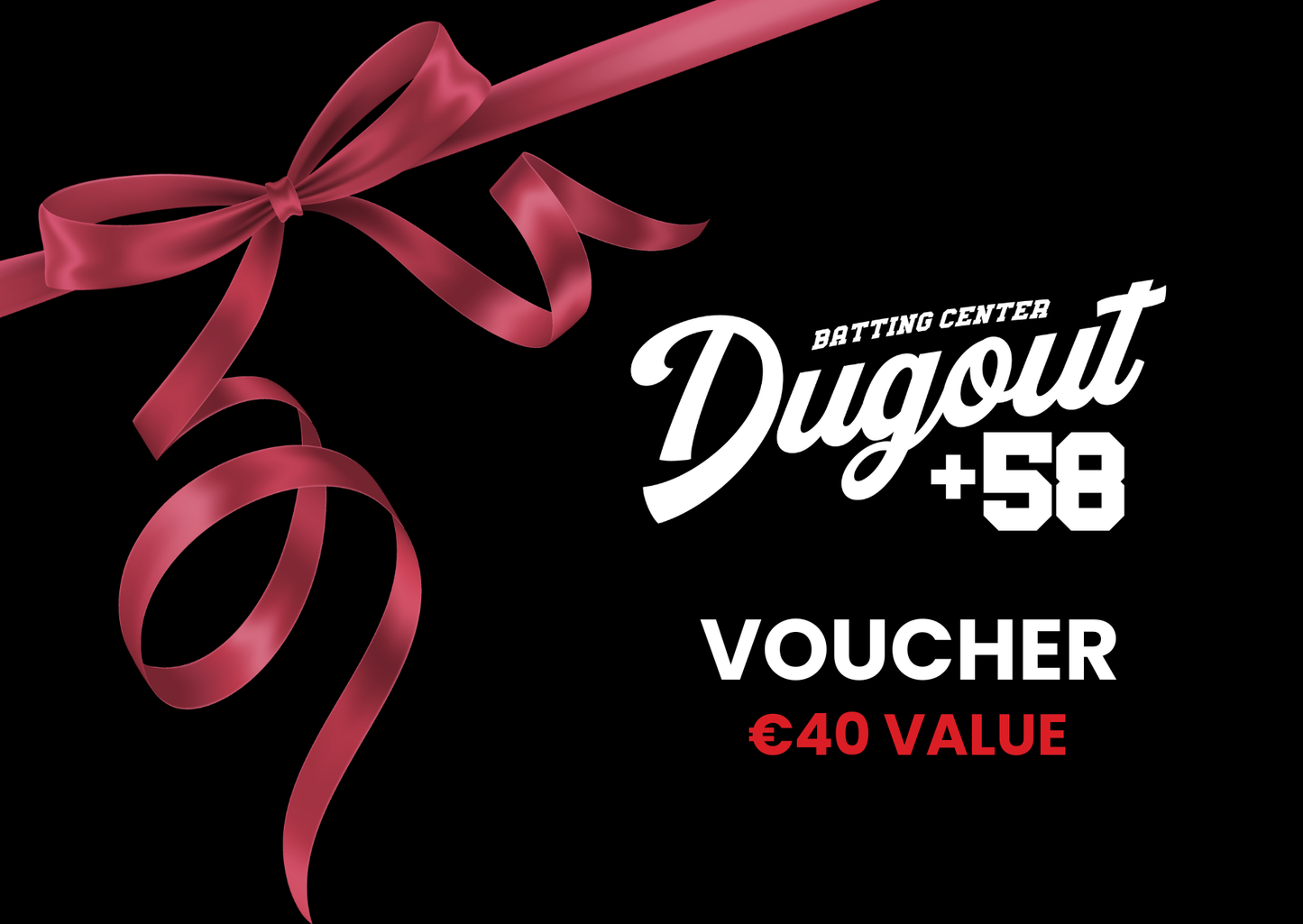 Gift voucher with red ribbon and 'Dugout +58' branding on a black background